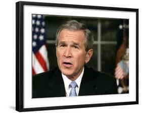 President Bush Delivers a Portion of His Speech for a Second Time for Assembled News Photographers-null-Framed Photographic Print