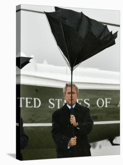 President Bush Jokingly Holds His Wind-Blown Umbrella Upright-null-Stretched Canvas