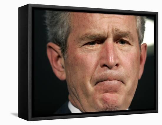 President Bush Listens to a Question About His Declassifying an Intelligence Report-null-Framed Stretched Canvas