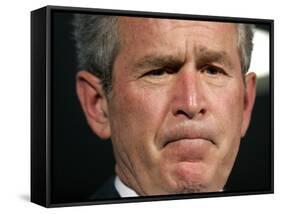 President Bush Listens to a Question About His Declassifying an Intelligence Report-null-Framed Stretched Canvas