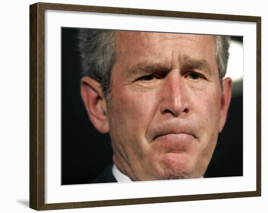 President Bush Listens to a Question About His Declassifying an Intelligence Report-null-Framed Photographic Print