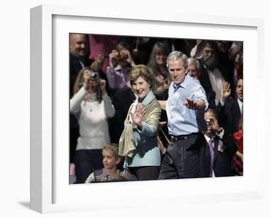 President Bush, Right, and First Lady Laura Bush Arrive for a Rally for Texas Governor Rick Perry-Lm Otero-Framed Premium Photographic Print