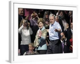 President Bush, Right, and First Lady Laura Bush Arrive for a Rally for Texas Governor Rick Perry-Lm Otero-Framed Photographic Print