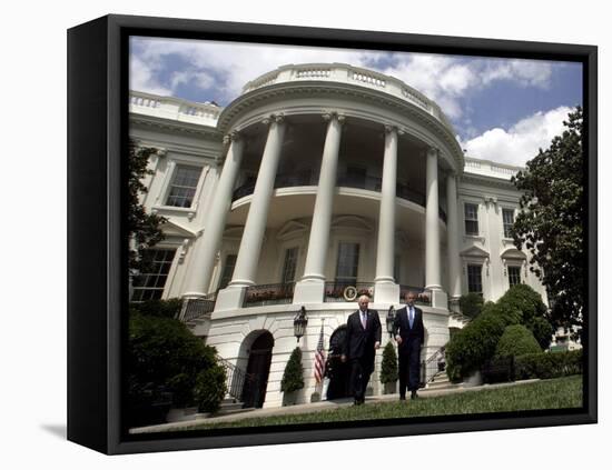 President Bush, Right, and Vice President Dick Cheney Walk to the South Lawn-null-Framed Stretched Canvas