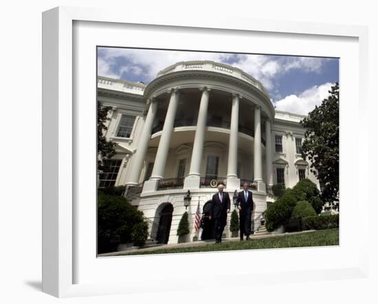 President Bush, Right, and Vice President Dick Cheney Walk to the South Lawn-null-Framed Premium Photographic Print