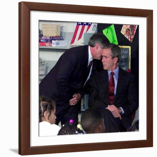 President Bush's Chief of Staff Gives Word of World Trade Center, During Visit to Elementary School-null-Framed Photographic Print