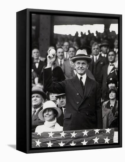 President Calvin Coolidge (1872-1933) Throws Out the First Ball of the 1924 World Series, 1924-American Photographer-Framed Stretched Canvas