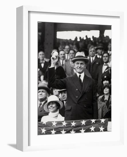 President Calvin Coolidge (1872-1933) Throws Out the First Ball of the 1924 World Series, 1924-American Photographer-Framed Photographic Print