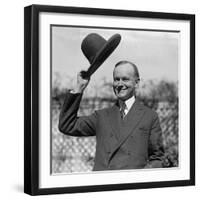 President Calvin Coolidge Waves a Hat Presented to Him by Smoki People of Prescott, Arizona-null-Framed Premium Photographic Print