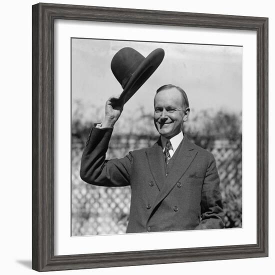 President Calvin Coolidge Waves a Hat Presented to Him by Smoki People of Prescott, Arizona-null-Framed Photo