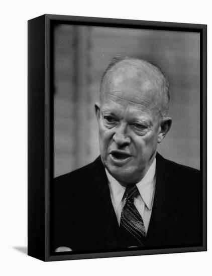 President Dwight D. Eisenhower Answering Questions at a Press Conference-null-Framed Stretched Canvas
