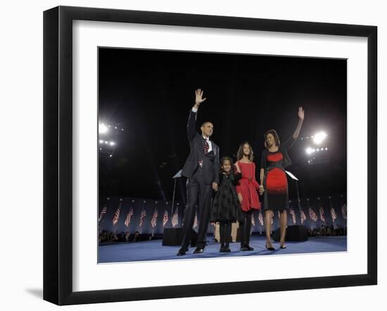 President-Elect Barack Obama and His Family Wave at the Election Night Rally in Chicago-null-Framed Photographic Print