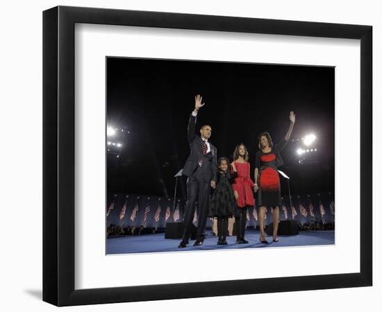 President-Elect Barack Obama and His Family Wave at the Election Night Rally in Chicago-null-Framed Photographic Print