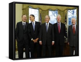 President-Elect Barack Obama is Welcomed by President George W. Bush for a Meeting at White House-null-Framed Stretched Canvas