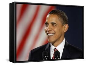 President-Elect Barack Obama Smiles During Acceptance Speech, Nov 4, 2008-null-Framed Stretched Canvas