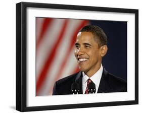 President-Elect Barack Obama Smiles During Acceptance Speech, Nov 4, 2008-null-Framed Premium Photographic Print