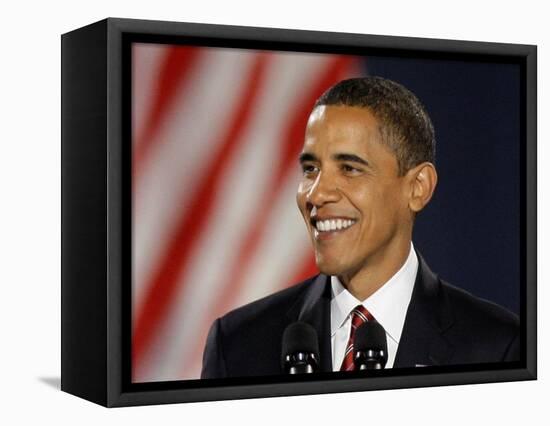 President-Elect Barack Obama Smiles During Acceptance Speech, Nov 4, 2008-null-Framed Stretched Canvas