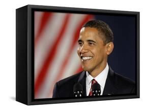 President-Elect Barack Obama Smiles During Acceptance Speech, Nov 4, 2008-null-Framed Stretched Canvas