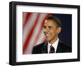 President-Elect Barack Obama Smiles During Acceptance Speech, Nov 4, 2008-null-Framed Photographic Print