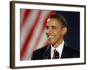 President-Elect Barack Obama Smiles During Acceptance Speech, Nov 4, 2008-null-Framed Photographic Print