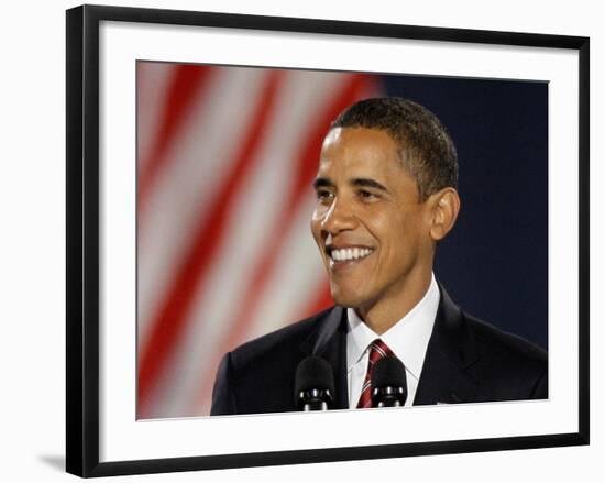 President-Elect Barack Obama Smiles During Acceptance Speech, Nov 4, 2008-null-Framed Photographic Print