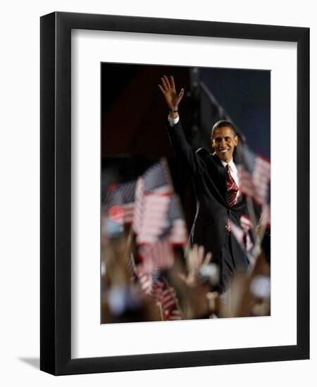 President-Elect Barack Obama Walking onto Stage to Deliver Acceptance Speech, Nov 4, 2008-null-Framed Premium Photographic Print