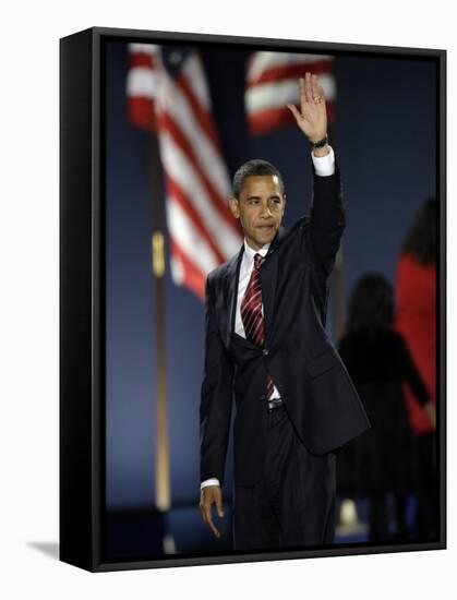 President-Elect Barack Obama Waves after Acceptance Speech, Nov 4, 2008-null-Framed Stretched Canvas