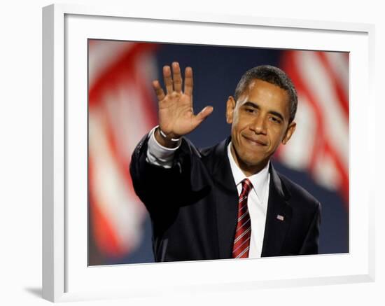 President-Elect Barack Obama Waves after Acceptance Speech, Nov 4, 2008-null-Framed Photographic Print