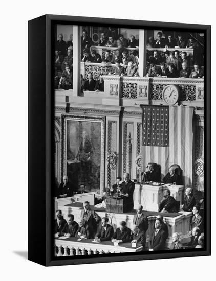 President Franklin D. Roosevelt at State of the Union Address, What It Would Take to Win the War-Thomas D^ Mcavoy-Framed Stretched Canvas