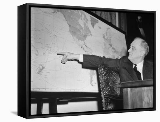 President Franklin D. Roosevelt, Pointing to a Map While Giving His Speech During Entry to WWII-null-Framed Stretched Canvas