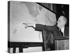President Franklin D. Roosevelt, Pointing to a Map While Giving His Speech During Entry to WWII-null-Stretched Canvas