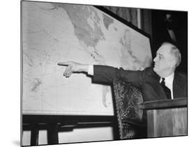 President Franklin D. Roosevelt, Pointing to a Map While Giving His Speech During Entry to WWII-null-Mounted Photographic Print