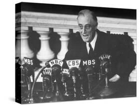 President Franklin D. Roosevelt Sitting in Front of a Network Radio Microphones-George Skadding-Stretched Canvas