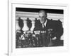 President Franklin D. Roosevelt Sitting in Front of a Network Radio Microphones-George Skadding-Framed Photographic Print