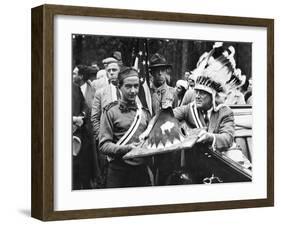 President Franklin Roosevelt in a War Bonnet-null-Framed Photo