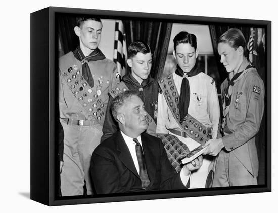 President Franklin Roosevelt Receives the Five-Millionth Copy of the Boy Scout Handbook-null-Framed Stretched Canvas