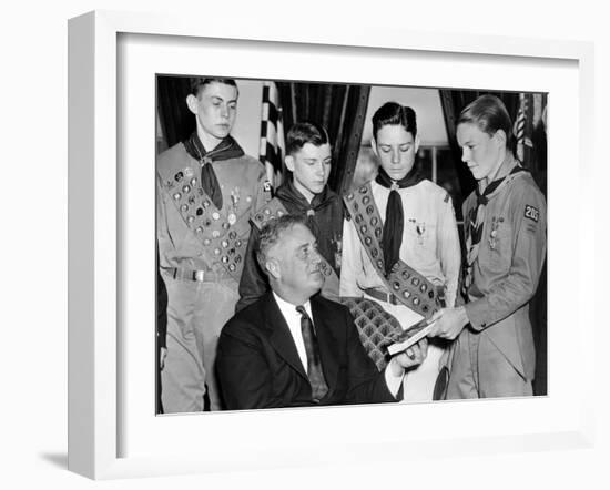 President Franklin Roosevelt Receives the Five-Millionth Copy of the Boy Scout Handbook-null-Framed Photo