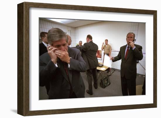 President George W. Bush and Senior Staff on Phones after Learning of the 9-11 Terrorist Attacks-null-Framed Premium Photographic Print