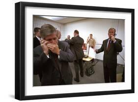 President George W. Bush and Senior Staff on Phones after Learning of the 9-11 Terrorist Attacks-null-Framed Premium Photographic Print