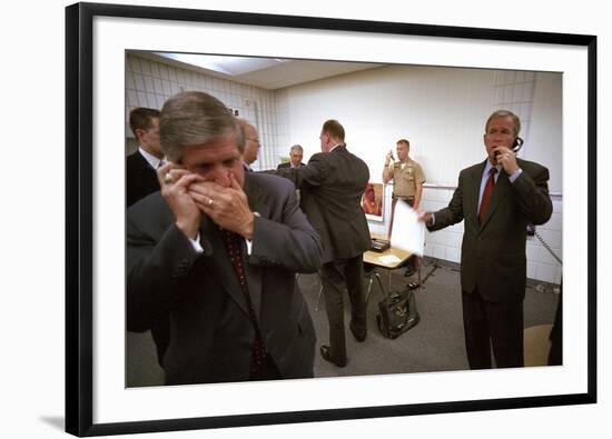 President George W. Bush and Senior Staff on Phones after Learning of the 9-11 Terrorist Attacks-null-Framed Photo