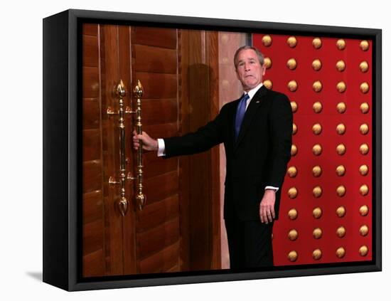 President George W. Bush as He Tries to Open a Locked Door Leaving a Press Conference in Beijing-null-Framed Stretched Canvas
