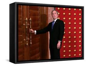 President George W. Bush as He Tries to Open a Locked Door Leaving a Press Conference in Beijing-null-Framed Stretched Canvas