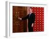 President George W. Bush as He Tries to Open a Locked Door Leaving a Press Conference in Beijing-null-Framed Photographic Print
