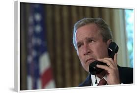 President George W. Bush on Telephone to Ny Gov. George Pataki and Nyc Mayor, Rudolph Giuliani-null-Framed Photo