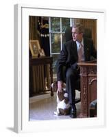 President George W. Bush Pets Spot in the Oval Office of the White House. Oct. 1, 2001-null-Framed Photo