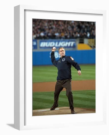 President George W. Bush Throws the Ceremonial First Pitch at Yankee Stadium-null-Framed Photo