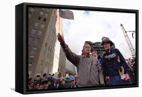 President George W. Bush Waves an American Flag after Addressing Recovery Workers in Nyc-null-Framed Stretched Canvas