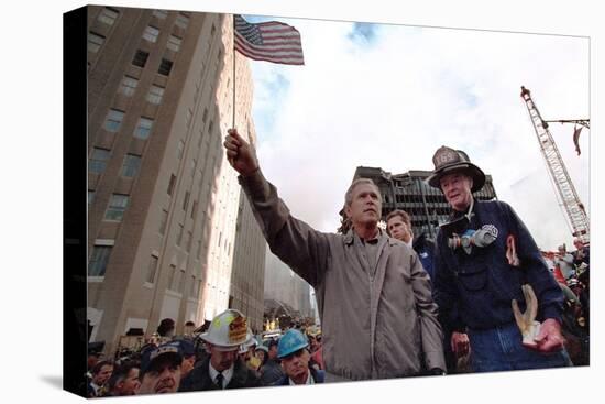 President George W. Bush Waves an American Flag after Addressing Recovery Workers in Nyc-null-Stretched Canvas