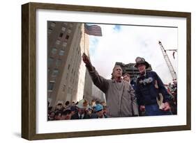 President George W. Bush Waves an American Flag after Addressing Recovery Workers in Nyc-null-Framed Premium Photographic Print