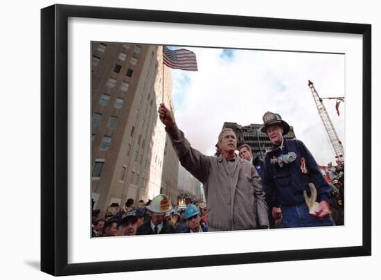 President George W. Bush Waves an American Flag after Addressing Recovery Workers in Nyc-null-Framed Premium Photographic Print